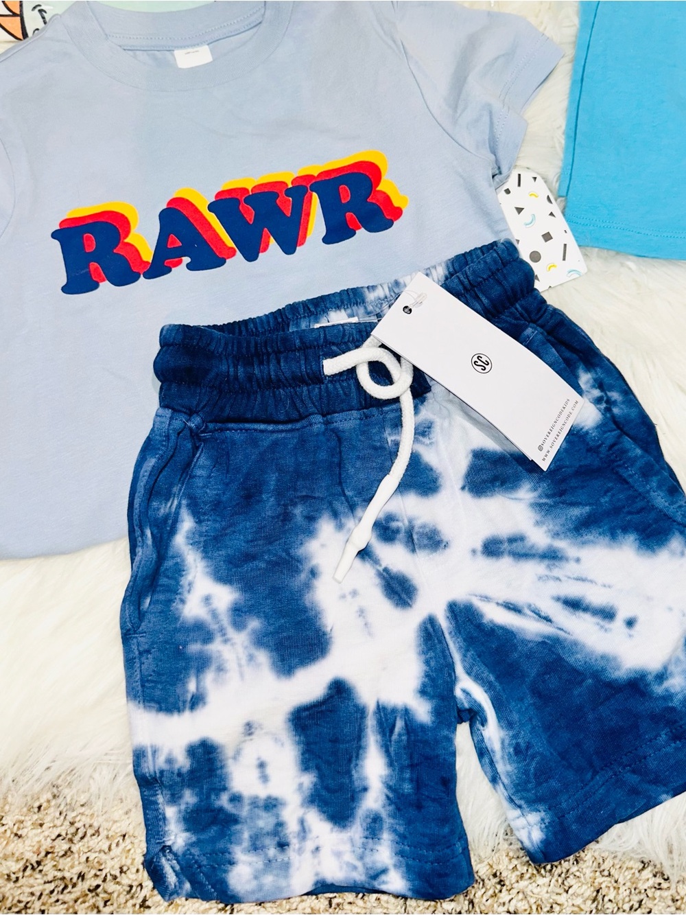 2/3T Kids Blue Tie-Dye Drawstring Shorts + RAWR Graphic Tee Set NWT